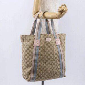 GUCCI GG Canvas Sherry Line Tote Bag Beige Pink Light blue